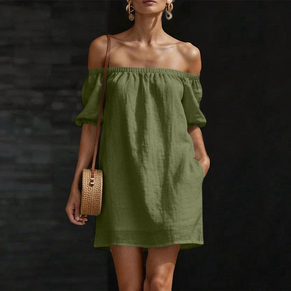 Damen Schulterfreies Kurzarm Lockeres Baumwoll-Leinen-Kleid Lässiges Pullover-Design mit Entspanntem und Bequemem Stoff