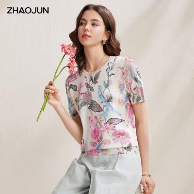 Zhaojun Women's Floral Print Round Neck Silk Blend Knit T-shirt