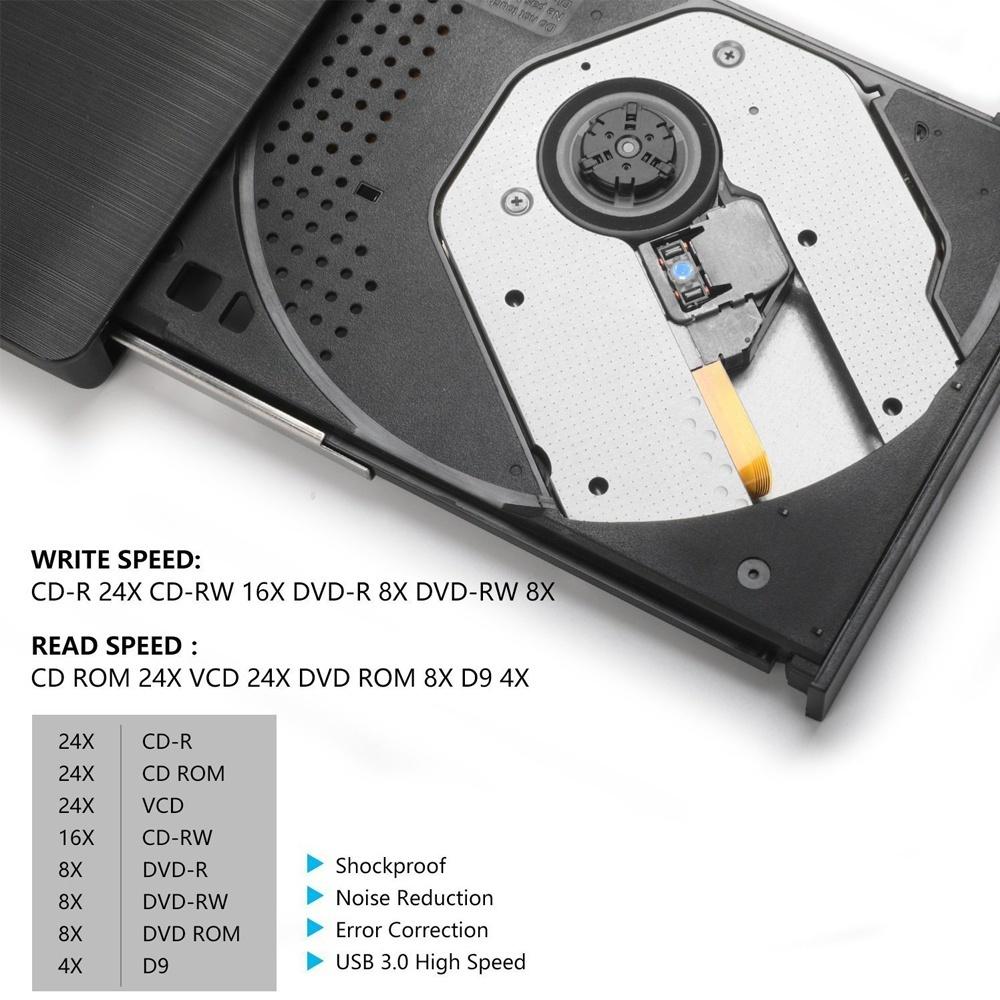 External USB 3.0 CD DVD Drive Burner Writer for Laptop Desktop Mac Windows Linux Portable High Speed