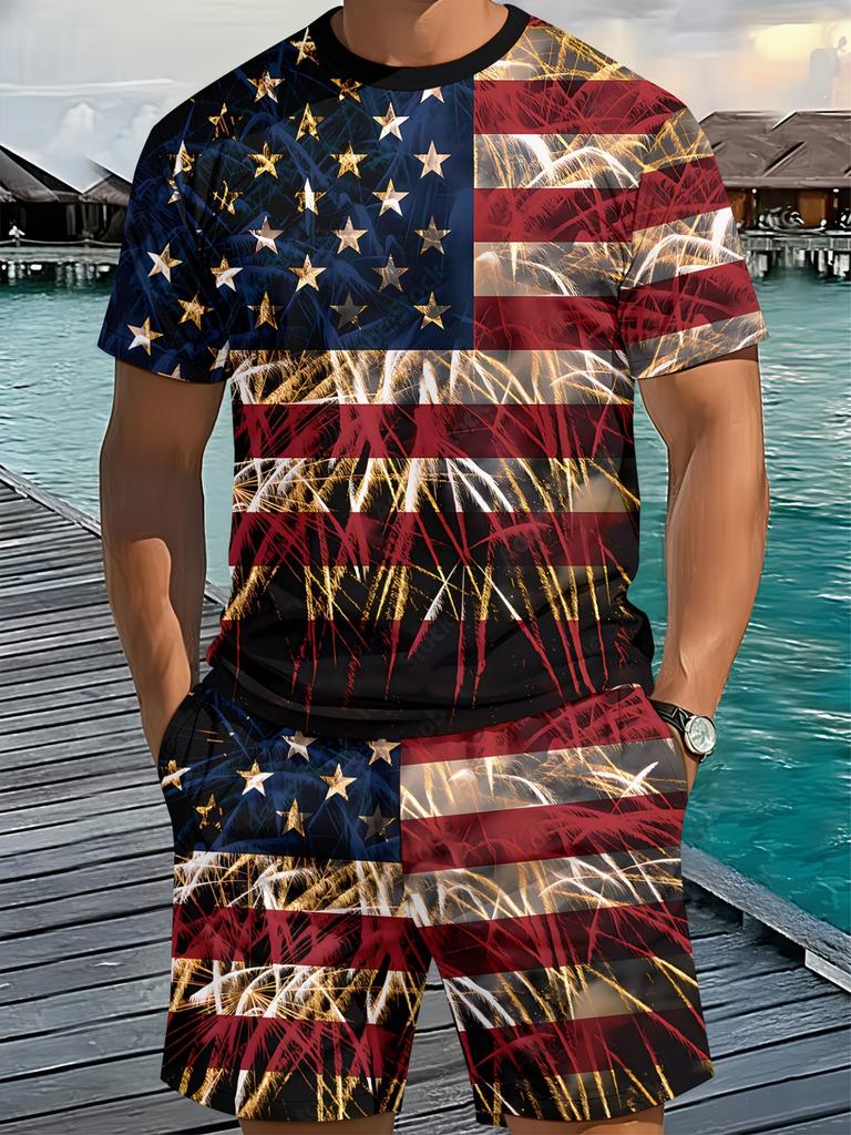 Men's T-Shirt And Shorts Set Red White Blue Star Flag Print Casual Summer Outfit With Crew Neck Short Sleeve Tees Sets