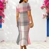 Women Plus Size V Neck Short Sleeve Plaid Printed Pink Grey Fitted Fishtail Dress