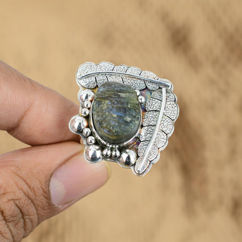 Gift For Her Natural Labradorite Rough Promise Adjustable Ring 925 Silver