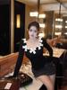 Women's Slim Fit Black U-neck Long-sleeve T-shirt with Bowknot and Waist-cinching Design