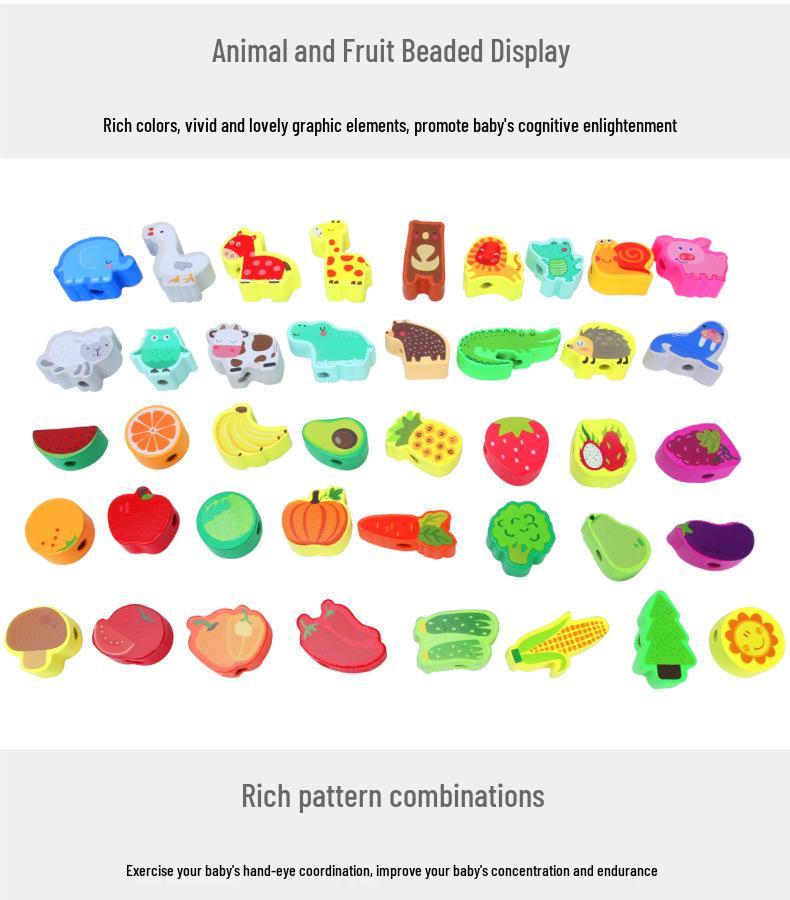 

Деревянные развивающие бусины: Игрушки-шнуровки с крупными деталями «Животные и фрукты» для возраста 0-3 года