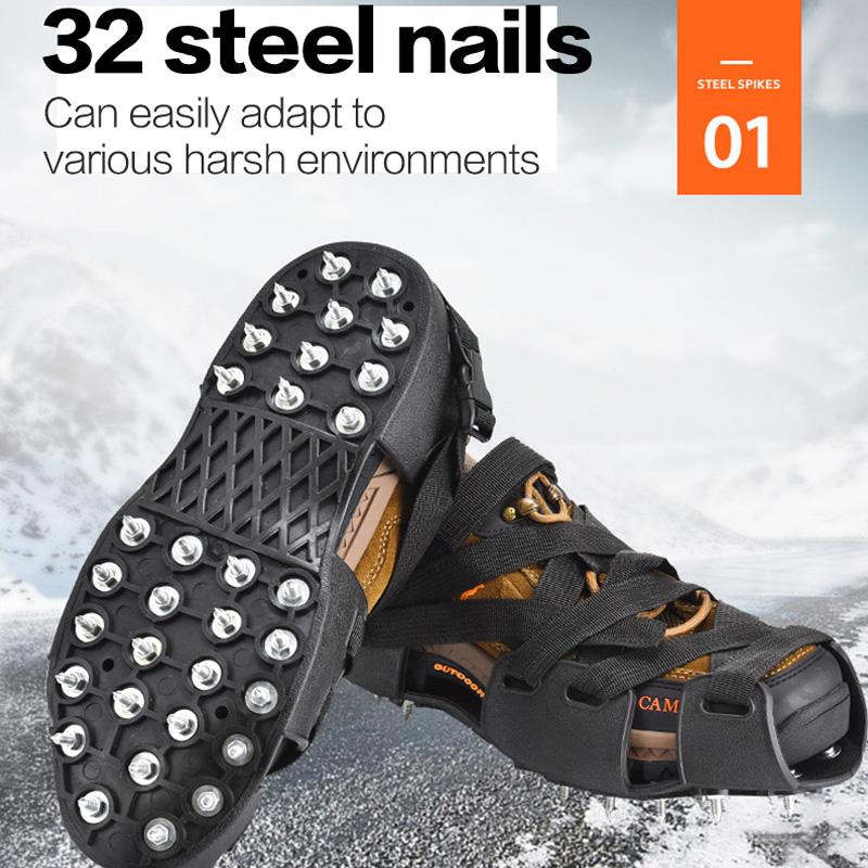 New 32 Teeth nail Ice Gripper Spike Shoes Anti-Slip Anti-Skid Non-slip Shoe Covers Snow Ice Crampons Cleats Grips Climbing Boots One size 35-45