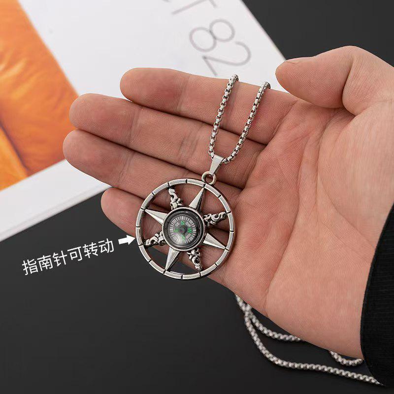 Influencer Style Men's Hip Hop Compass Pendant Necklace - Trendy Stainless Steel Sweater Chain