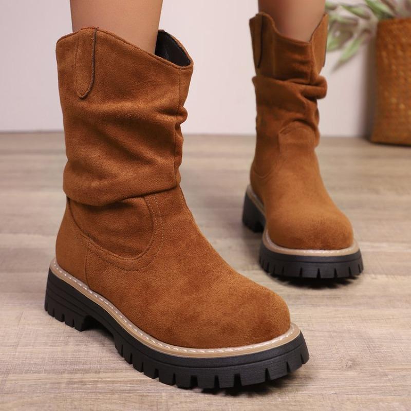 Fashion Ruched Western Boots Women Cow Suede Leather  Decoration Round Toe Solid Color Autumn Winter Shoes Handmade