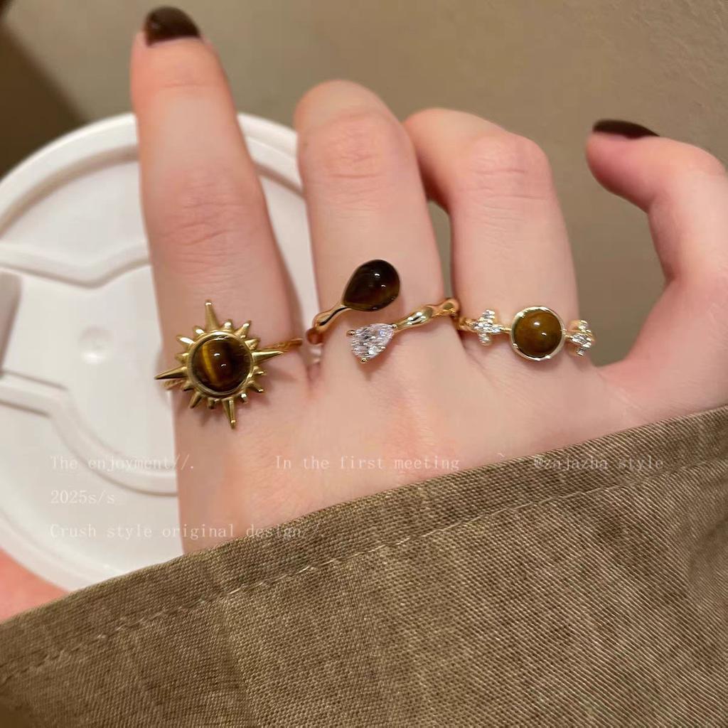 Gold Sunflower Tiger'S Eye Stone Ring, Women'S Light Luxury Niche High-End Index Finger Ring, Maillard Stacked With Retro Rings