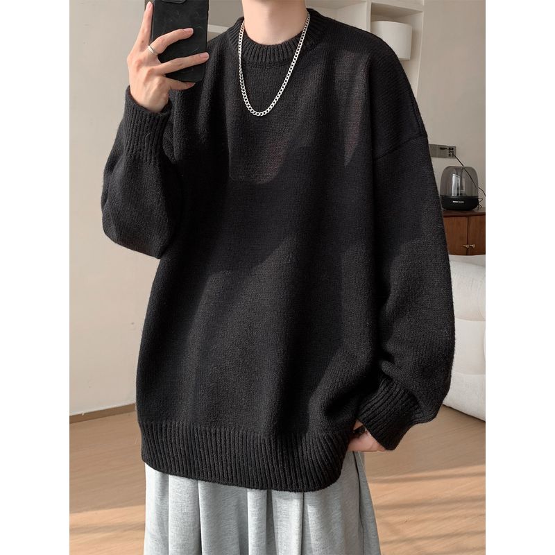 American-Style Lazy Round-Neck Sweater for Men, Winter Trendy Vintage Couple Knitwear, Retro Solid Color Pullover