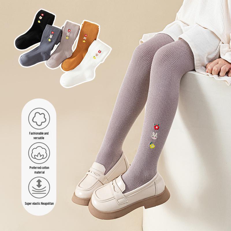 2025 Kids' Spring/Autumn Cotton Leggings - Cute Solid Color Embroidered Tights for Girls