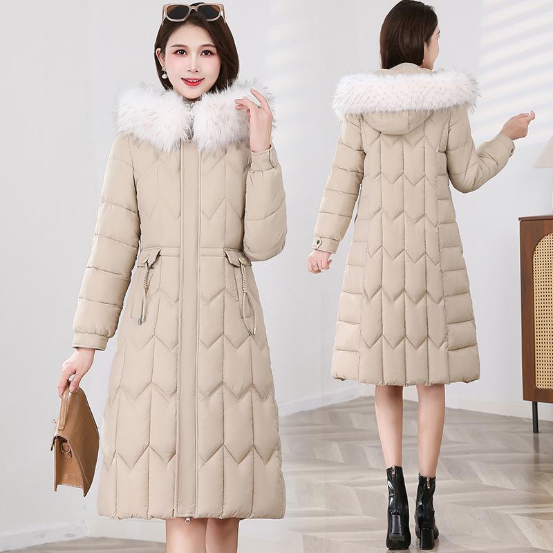 Down cotton-padded clothes women's long models, new waist cotton-padded clothes, slim and thin, knee-thickened cotton-padded jackets