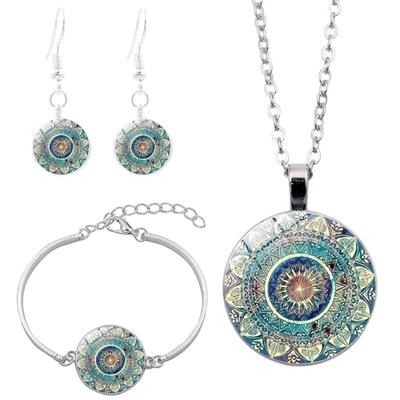 Set Cabochon Mandala Necklace Women Pendant Earrings Glass Bracelet Gift