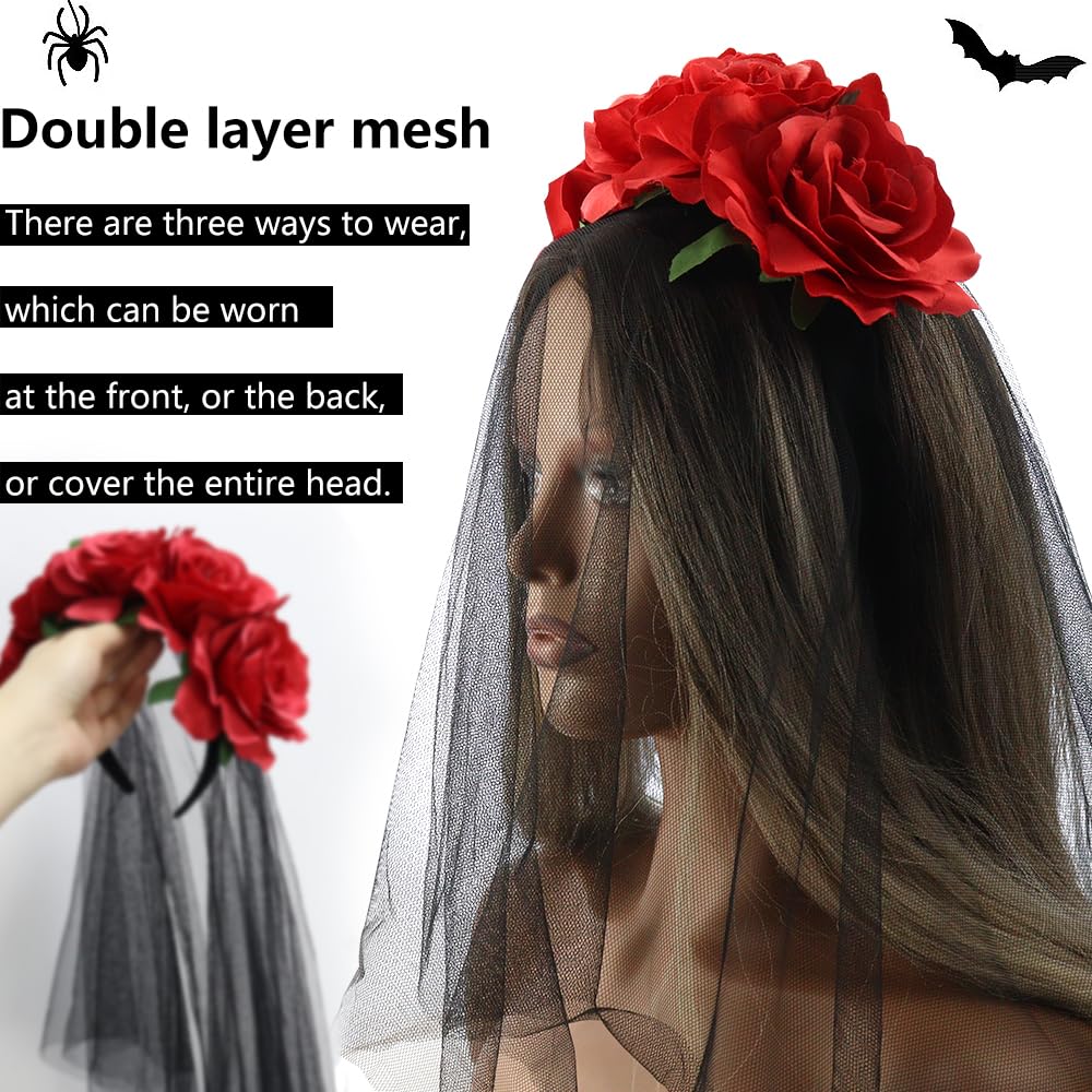 NODG Day of the Dead Headband, Retro mesh carnival head button, Halloween day rose flower party hair accessories headband black female