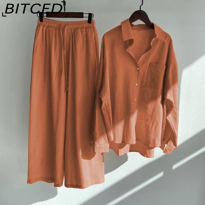 BITCED Women's 2-piece Vintage Plus-size Cotton and Linen Shirt Set High-waisted Loose Trousers