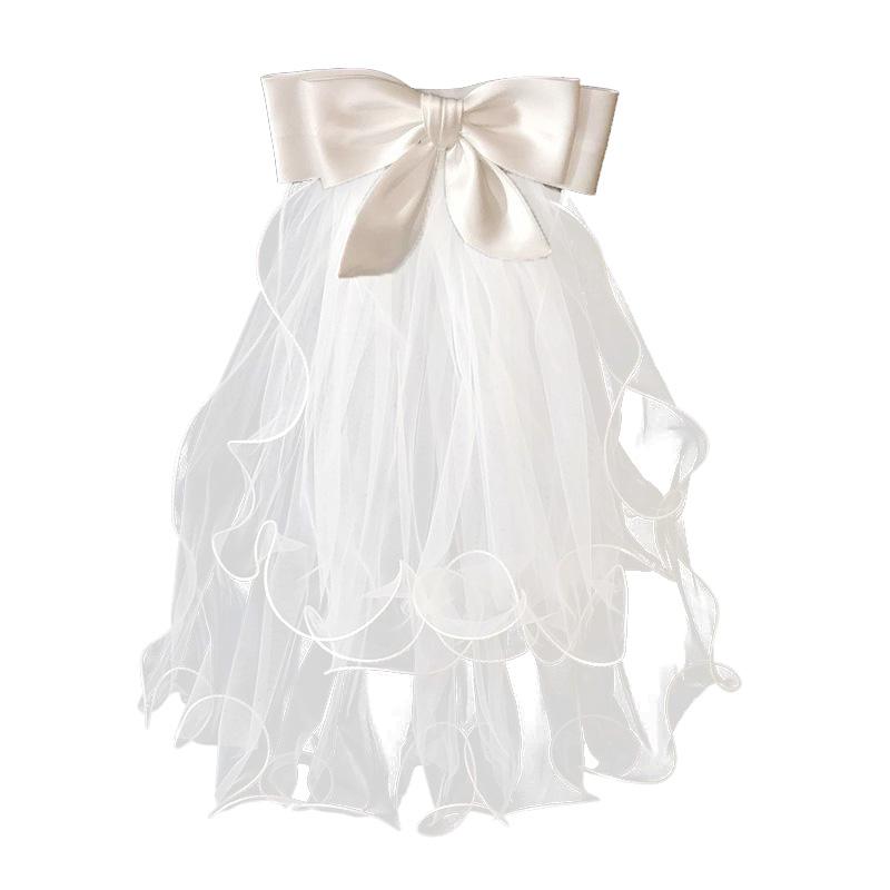 1 pièce Voile de mariée court bord dentelle Élégant nœud Perle Accessoires de mariage Double couche Tulle blanc pour femmes