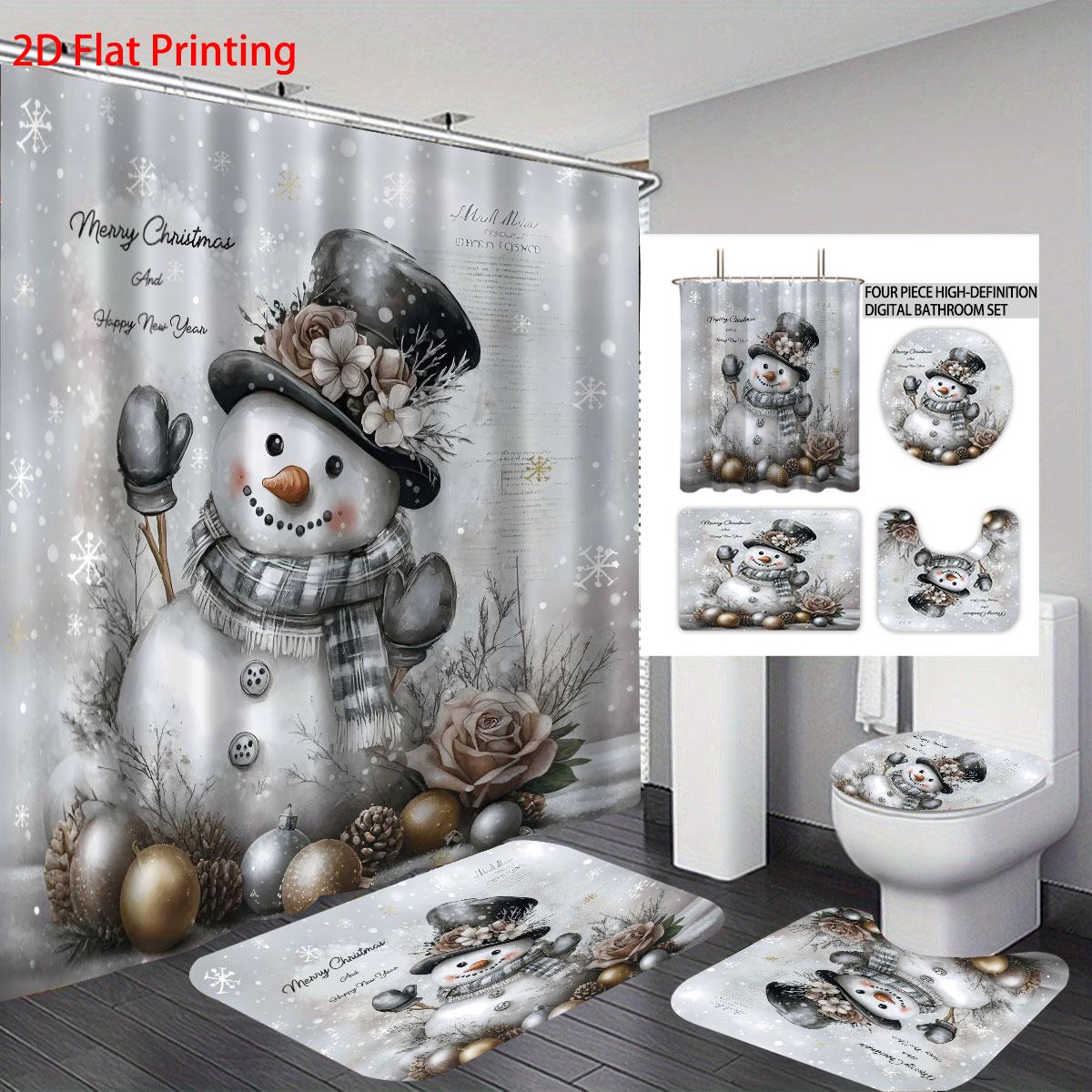

4pcs Christmas Cute Snowman Printed Bathroom Set 180x180 Waterproof Shower Curtain Floor Mat Toilet Mat U-shaped Mat