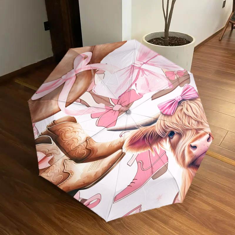 

Pink Bow Cow Print Cowboy Boots with Automatic Opening Umbrella - Portable Folding Design, 8-Bone Iron Frame Outdoor Umbrella, Perfect Gift