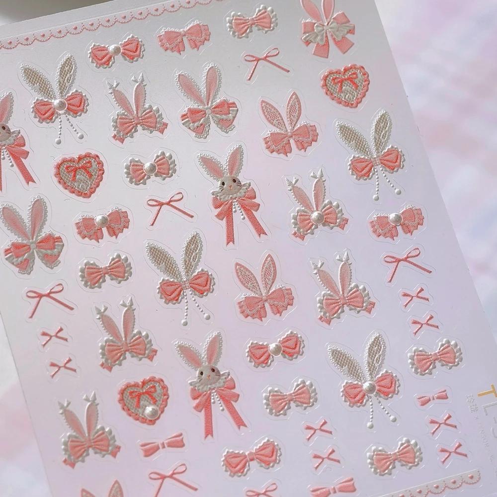 Shiny Red Bowknot Bow Tie Silk Ribbon Butterfly 5D Nail Art Sticker Pearl Rhinestones Self Adhesive Decoration Manicure Decal