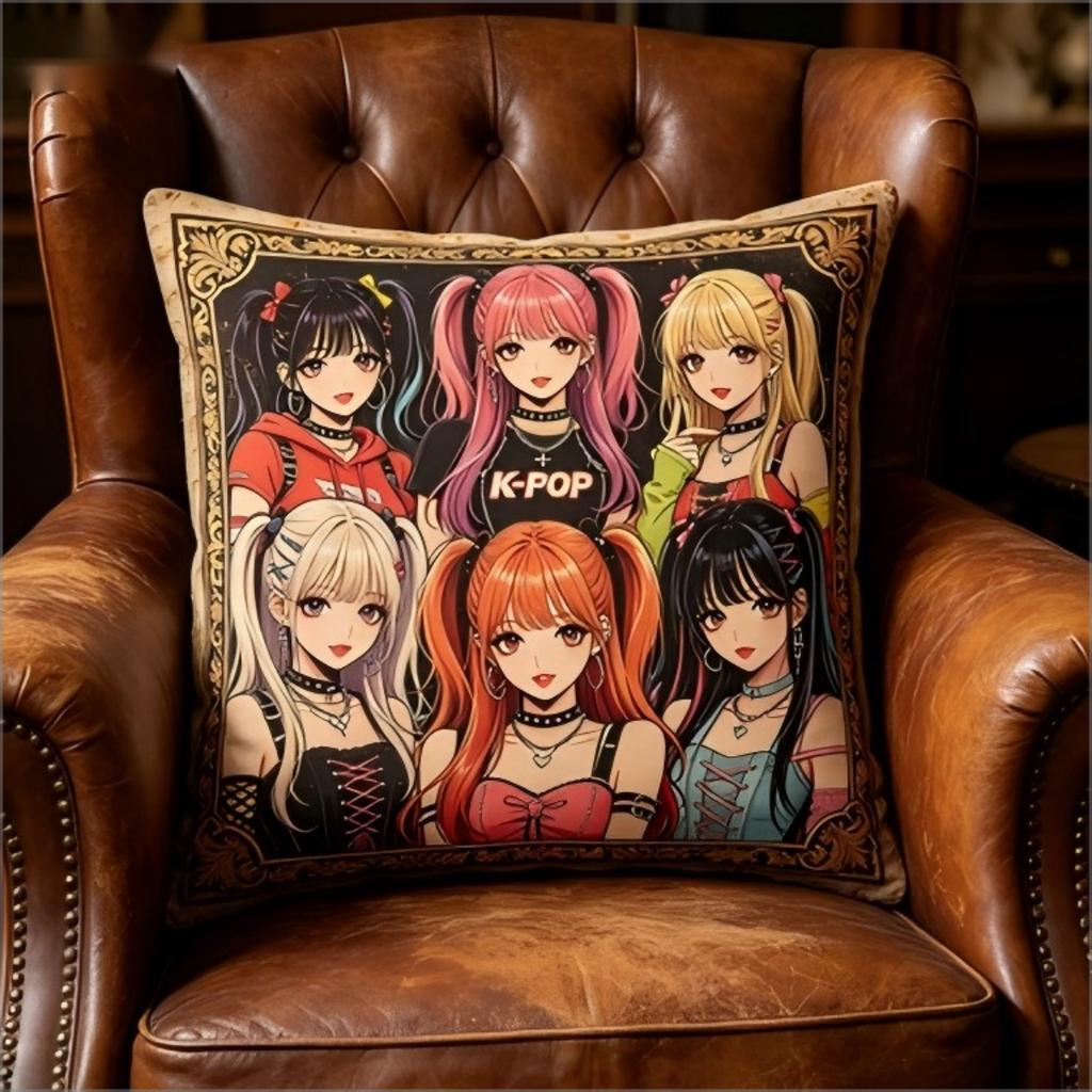 Vintage Kpop Style Idol Girl Group Throw Pillow Cover Retro Anime Art Decorative Cushion Case For Living Room Sofa Couch Home Decor