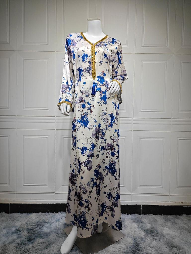 2024 Autumn/Winter Middle East-Style Elegant Print Long Robe for Home Wear