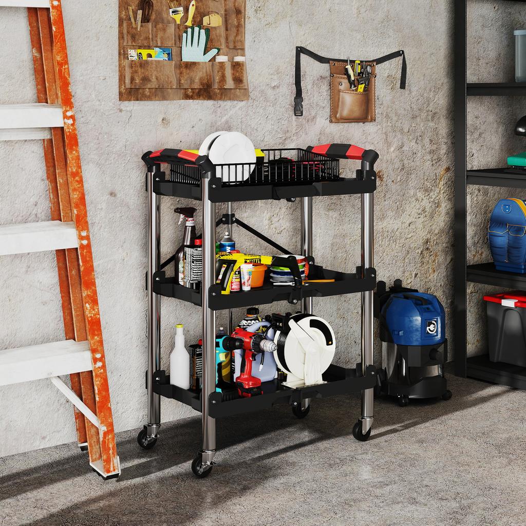 Foldable 3 Tier Tool Trolley Plastic Steel Black