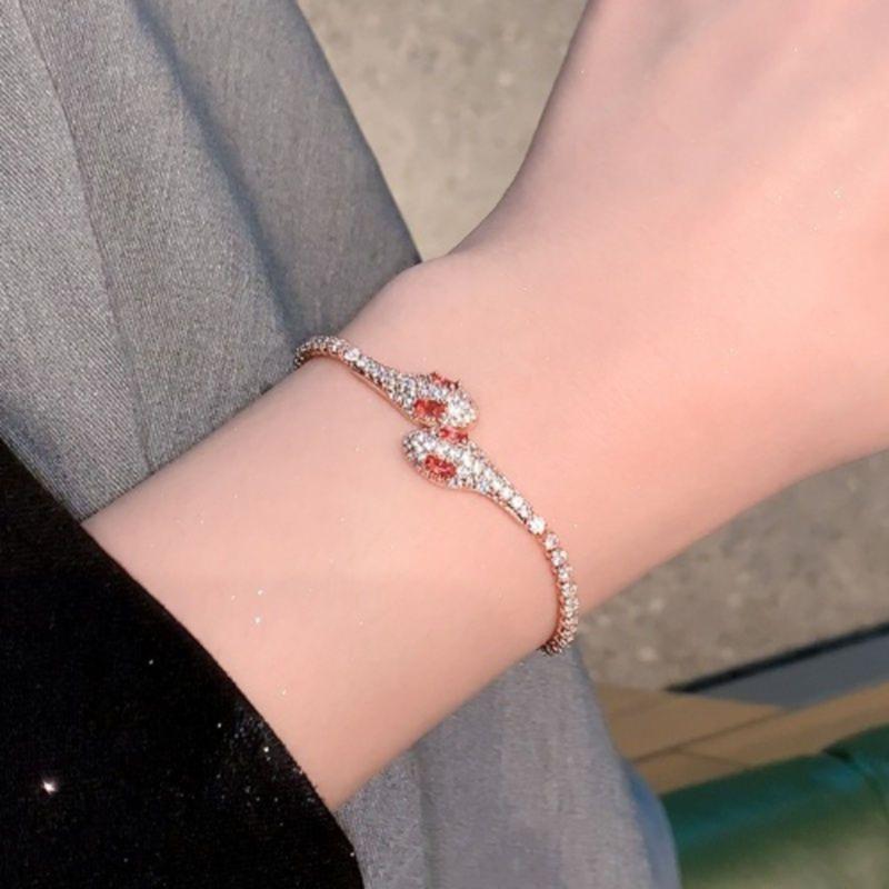 Diamonds Encrusted Snake Chain Bracelet Elegant Adjustable Closure Wrist Bangle Alloy Evening Party Accessory