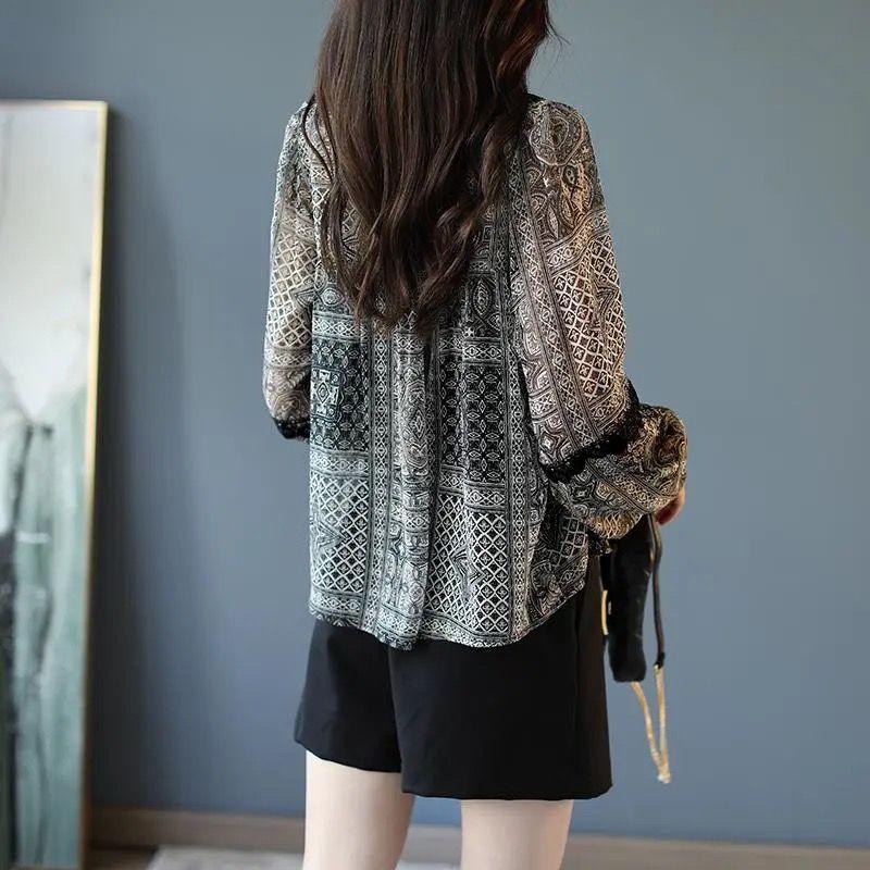 Tenká krajka Patchwork Šifonová košile s potiskem Nové Top s dlouhým rukávem Volný Jarní Léto Dámské Oblečení S-4XL