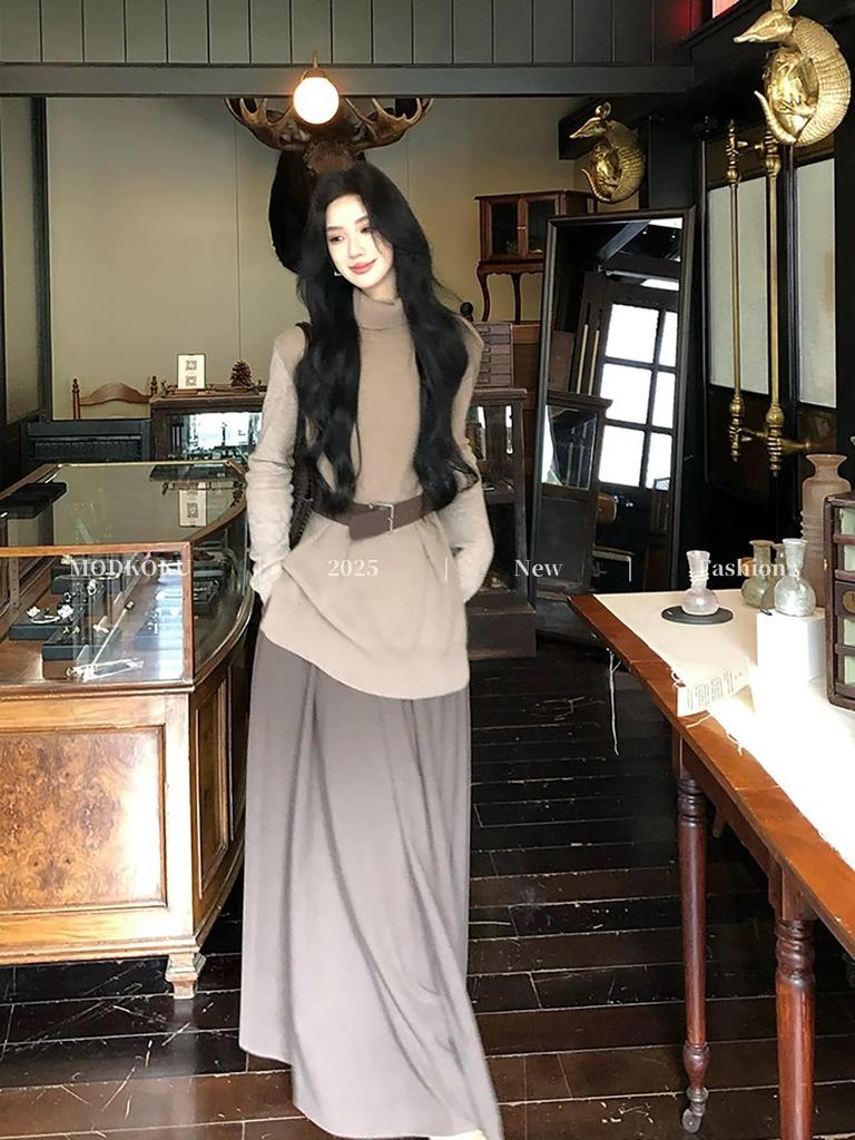 MODKOKU Knit Maxi Sweater Dress with a Korean Perfect for Office Workers and Long Size M Women's Waistband, Elegant, Sweet, Style, Feminine, Elegant,