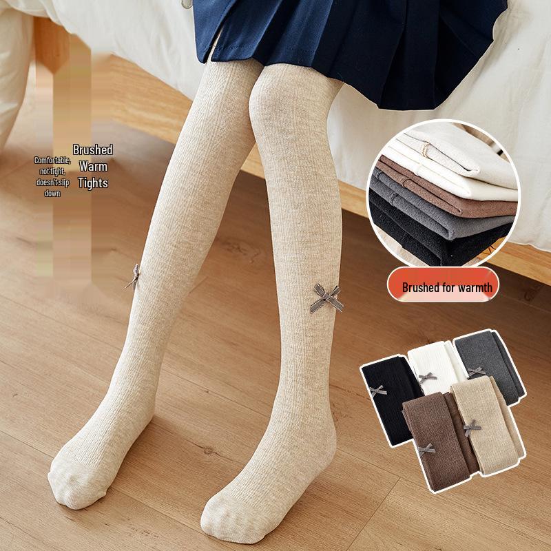 Kids' Winter Plus Velvet Thickened Knit Tights with Bow - Combed Cotton Cable Knit
