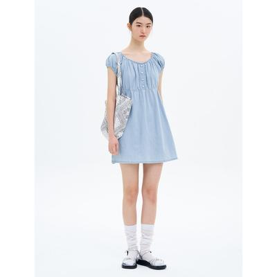 Denim Shirred Mini Dress Sky Blue