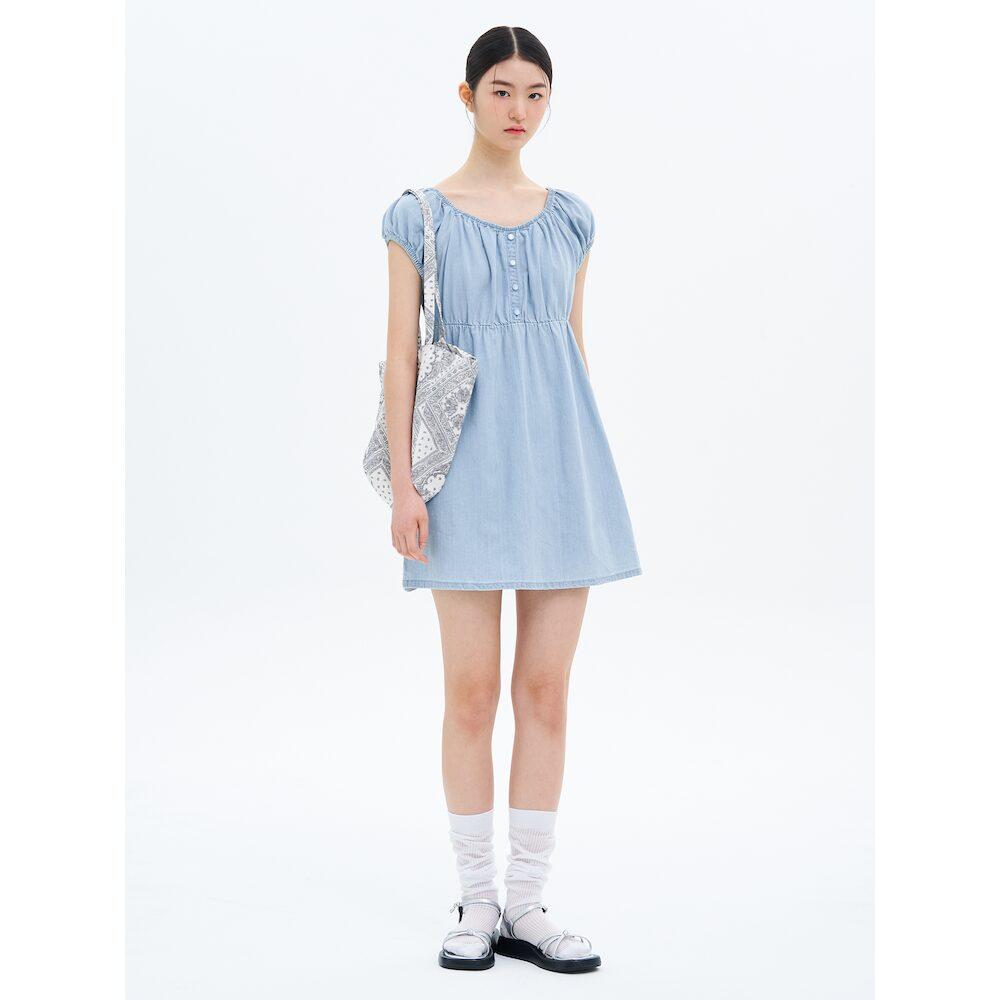 8SECONDS Denim Shirred Mini Dress Sky Blue