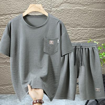 Men's Summer High-Stretch Plus Size Set Lightweight Breathable Crew Neck Pocket Short-Sleeve Top + Shorts Solid Color Two-Piece Set