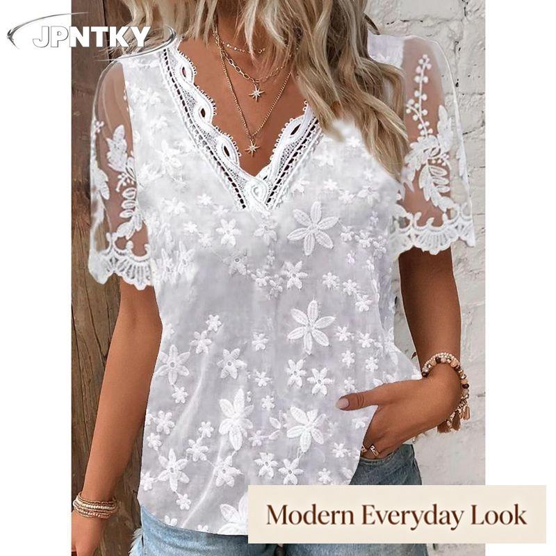 JPNTKY Women's Fashion Casual Solid Color Print V-Neck Short Sleeve Blouses & Shirts
