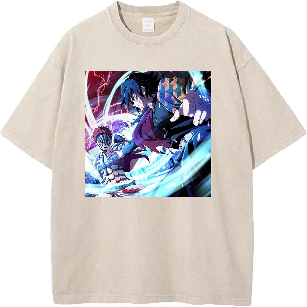 Tomioka Giyuu Akaza Anime Clothing Demon Slayer Cotton Tee Men Women Retro Washed T-shirts Casual T Shirt Harajuku Male Tshirt