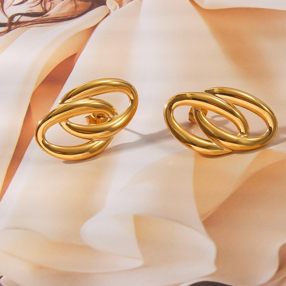 Trendy Geometric 18K Gold Double Ring Earrings for Women