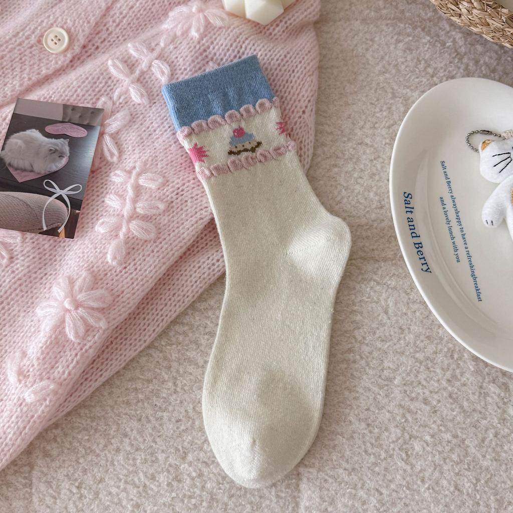 Medium Tube Socks Children Flocking Cute Rabbit Sweet Bow Stacking Socks Thickened Thermal Stockings