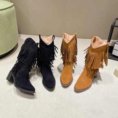 Retro Dámské Boty Klasické Westernové Kovbojské Boty S Třásněmi Botas Špičaté Boty Střední Délky pro Ženy Semišové Ležérní Boty