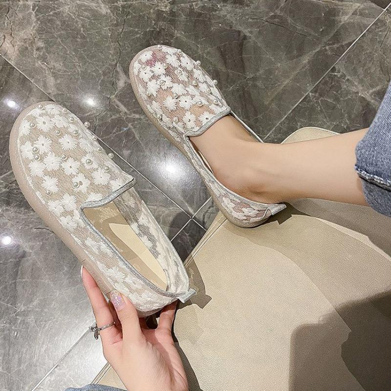 Summer New Trend Women's Single Shoes Pearl Mesh Flower Comfortable Soft Sole Women