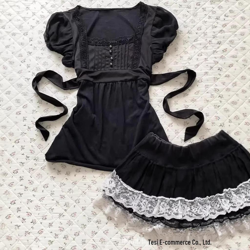 Y2K French Fashion Slimming U-neck Lace Trim Puff Sleeve Women's Top