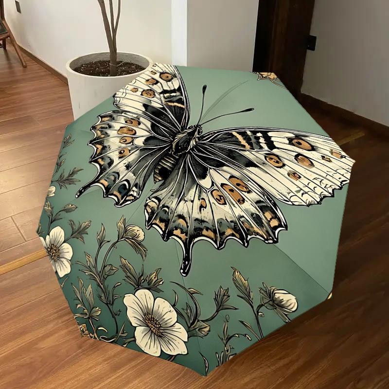 1pc Butterfly Flowers Automatic Open/Close Umbrella with Windproof, 8-Rib Sturdy Canopy, Durable Ribs, Fashionable Design1207A