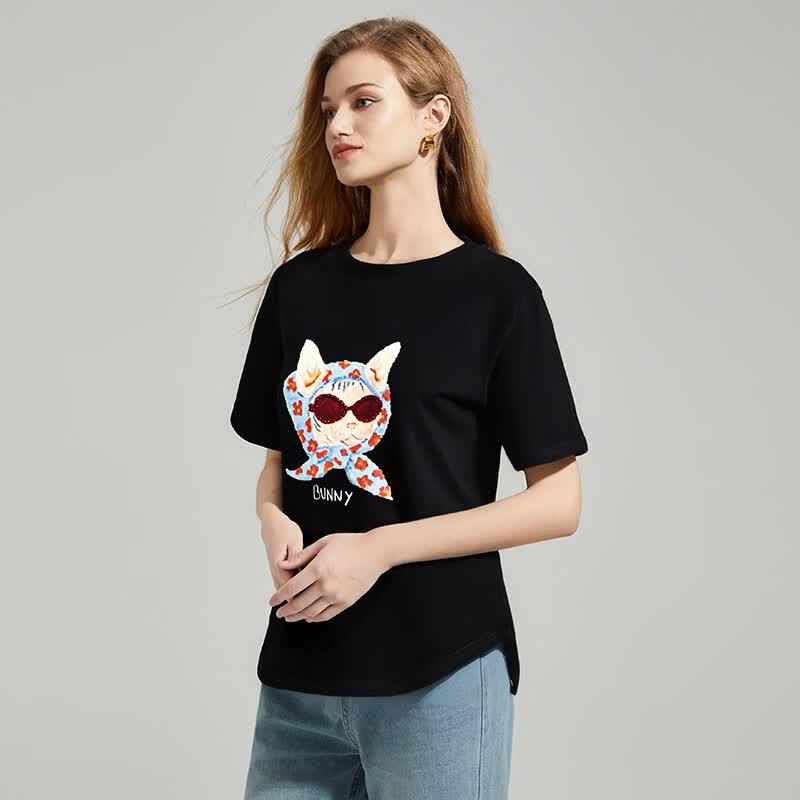 Women's Cat Print Beaded Short Sleeve T-Shirt