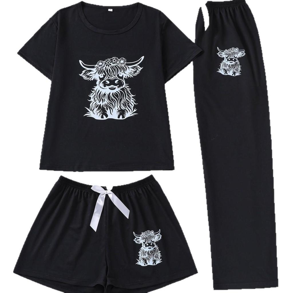 Kälberdruck 3-teiliges Set: Kurzarm-Oberteil, Shorts & Hosen - Niedliche und bequeme Homewear