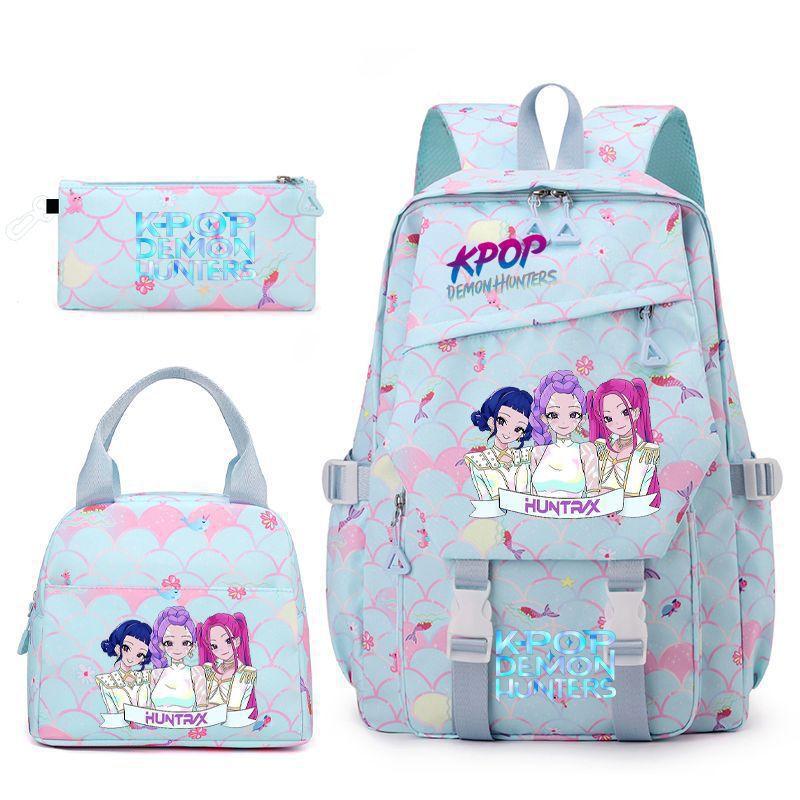 Demon Hunters Children S Printed Casual School Bag Primary And Secondary School Student School Bag Handbag Pencil Case Three-Piece Set Three piece set