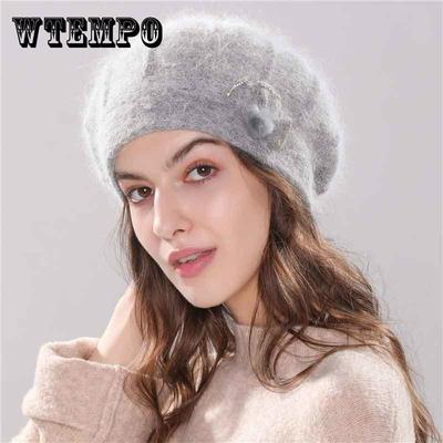 Podzimní a zimní dámský malířský klobouk Teplý klobouk z králičí kožešiny s krempou Baret Ležérní klobouk Módní baret