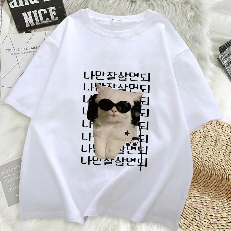 Harajukustyle Shortsleeved Clothing with A Cute Yet Cool White Cat Print Glasses Headphones Stars and Musical NotesY2K Top S