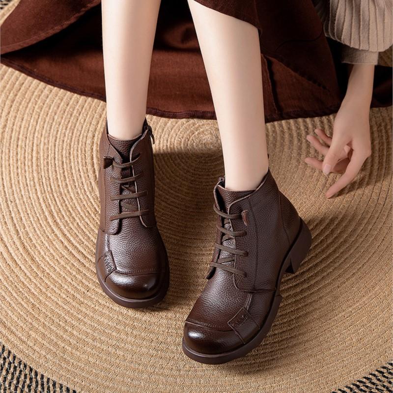 Johnature Genuine Leather Warm Round Toe Soft Soled Short Boots Low Heel Non Slip Casual Women's Shoes