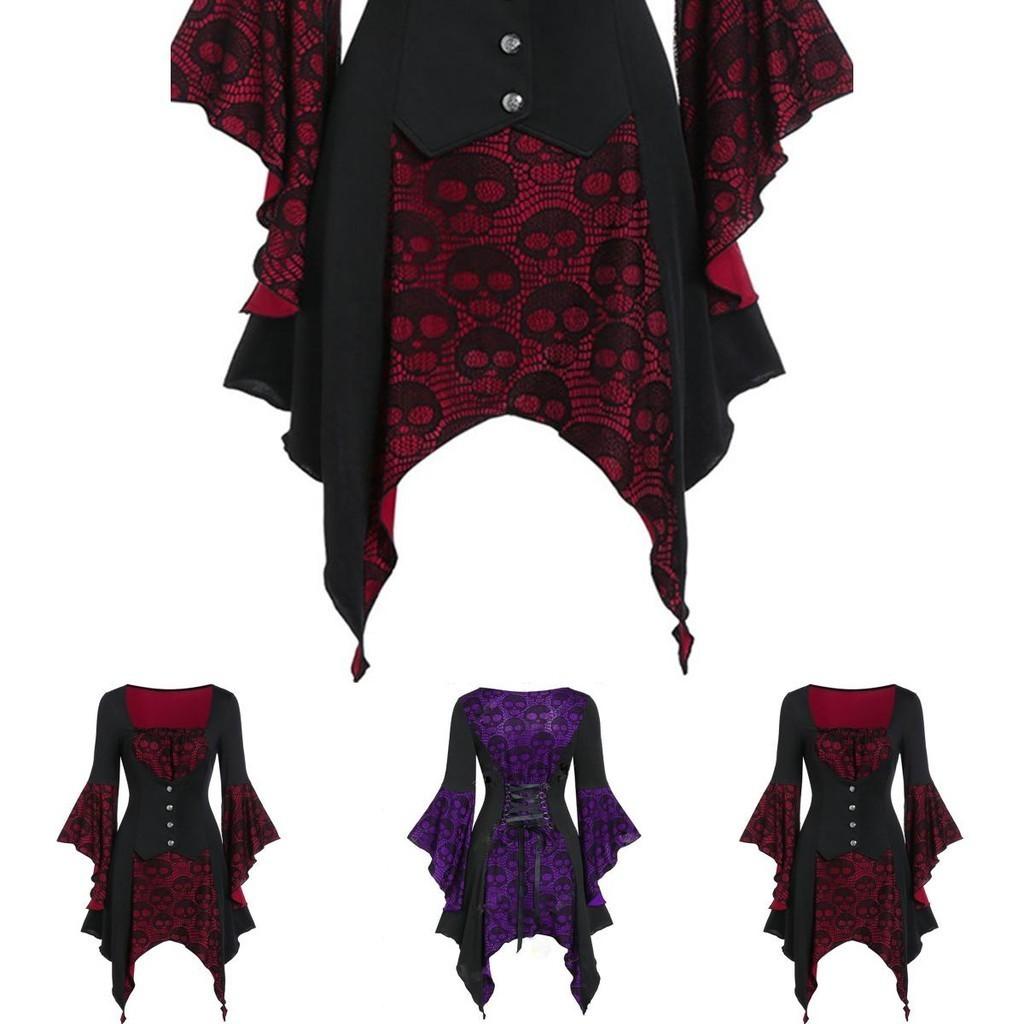 Women's Vintage Skull Head Medieval Gothic Witch Cosplay Costume Dress For Halloween Party