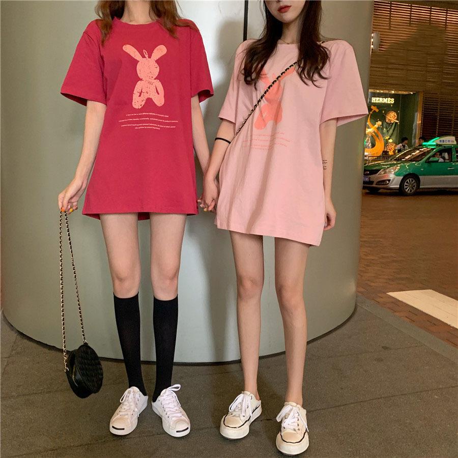 Summer Women's T-shirt Medium-length Loose Cartoon Round Neck Plus Size Short-sleeved Tops