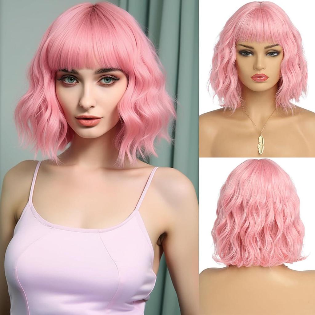 Short Wavy Wig with Bangs for Women Synthetic Curly French Bob WigsNatural Looking Daily Party Halloween