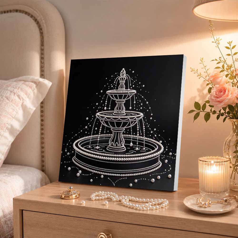DIY Pearl Diamond Painting Set with Frame Fountain Design 3D Pearl Beads. Home Wall Decor